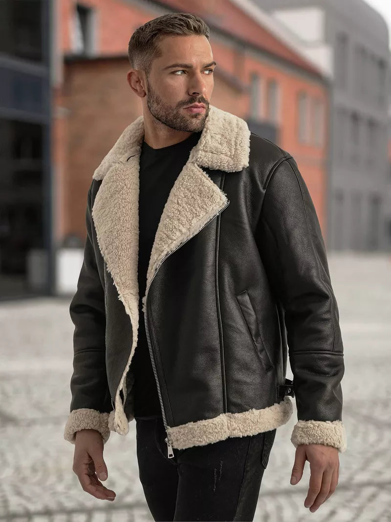 Men's black leather jacket with fur