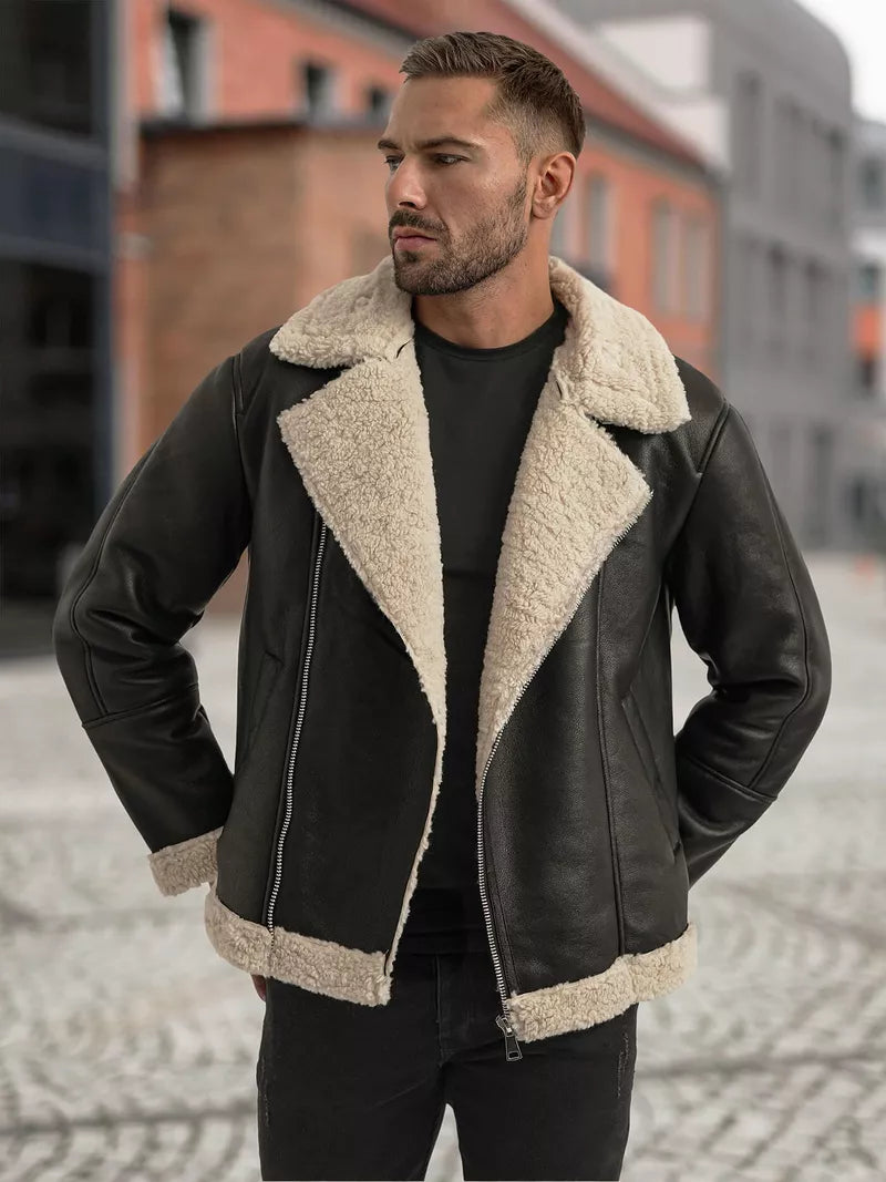Men's black leather jacket with fur