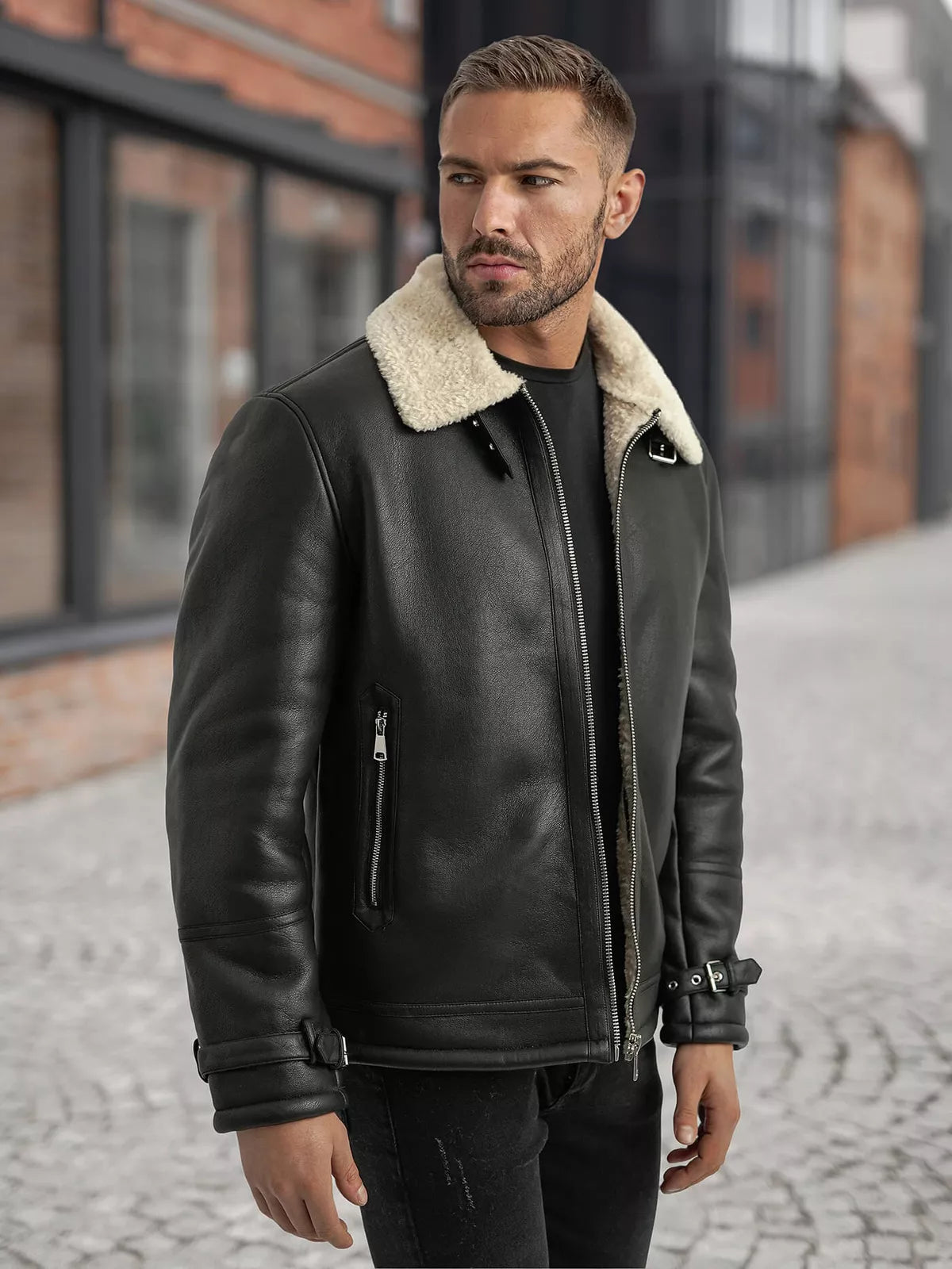 Men's black leather jacket with fur Andy