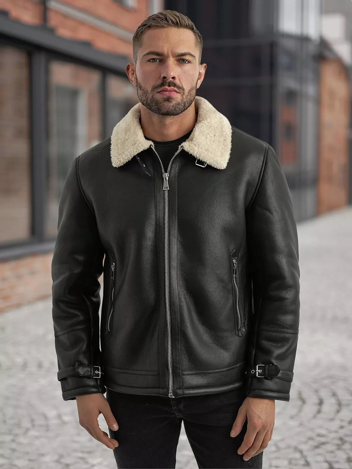 Men's black leather jacket with fur Andy