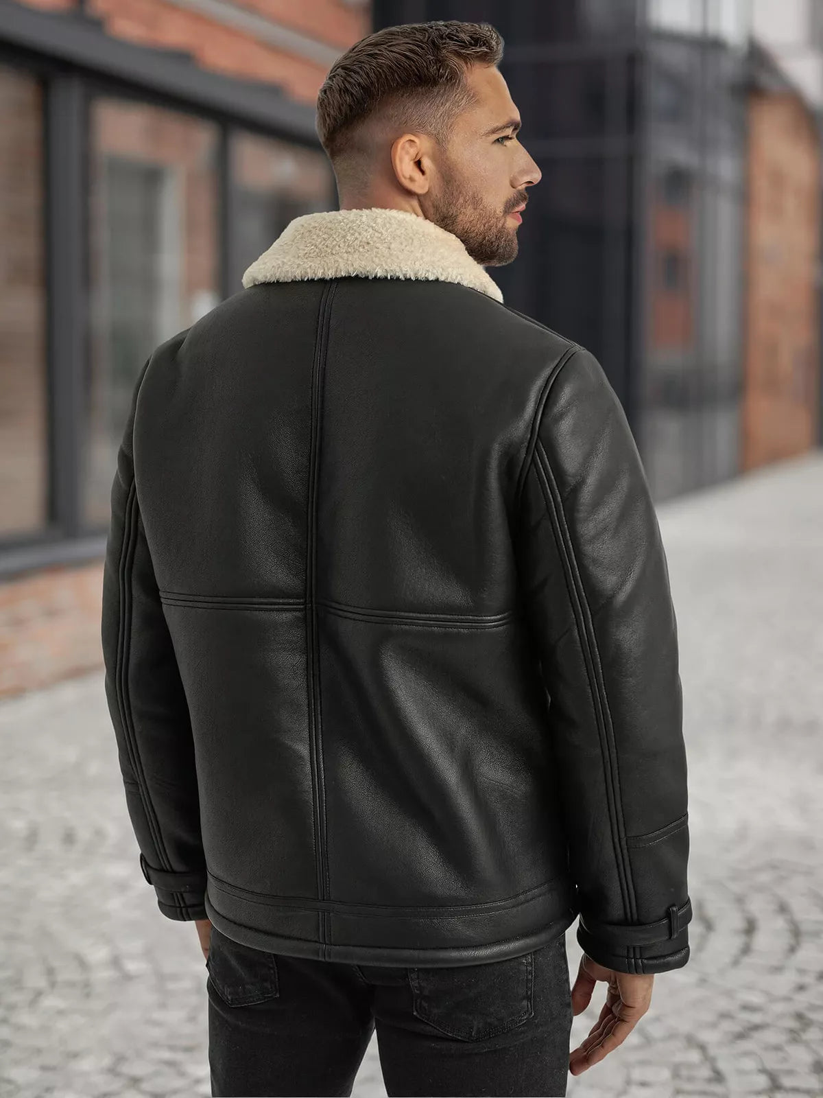 Men's black leather jacket with fur Andy