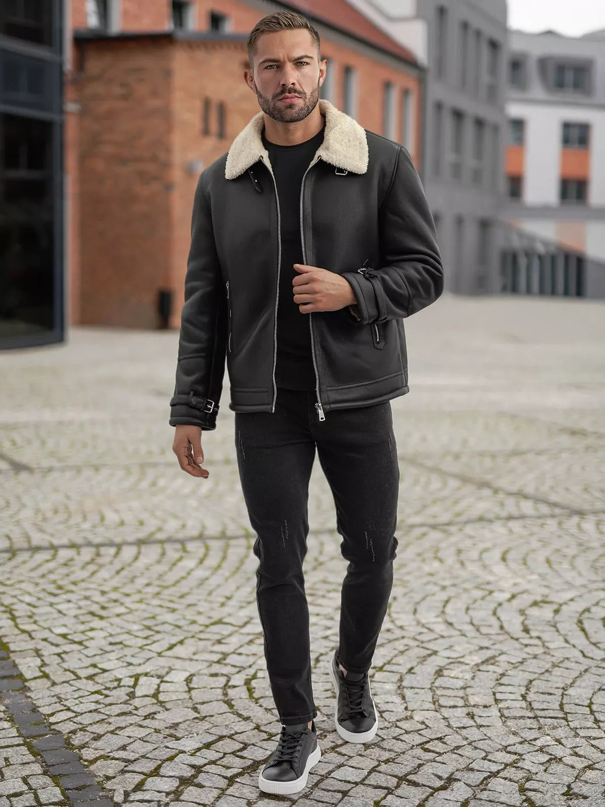 Men's black leather jacket with fur Andy