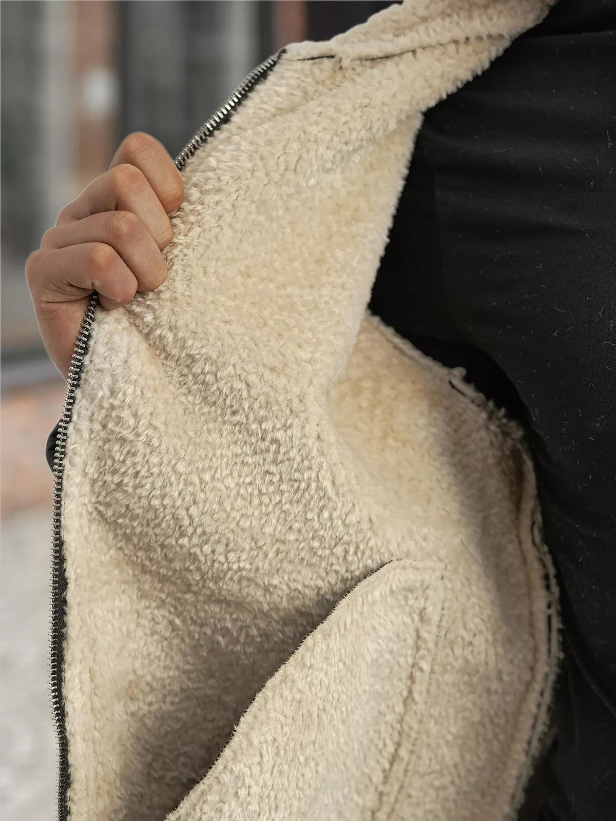 Men's black leather jacket with fur Andy