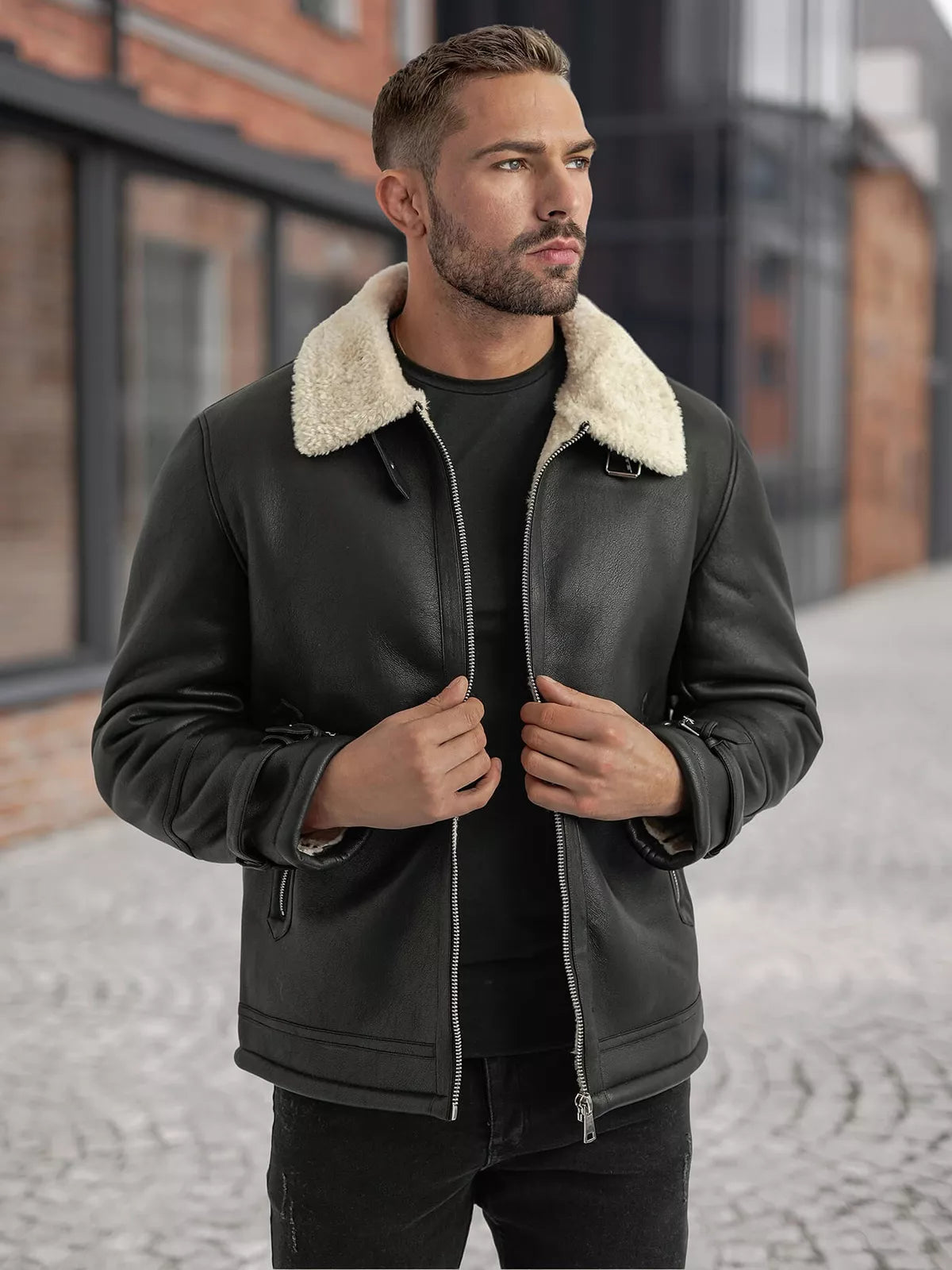 Men's black leather jacket with fur Andy