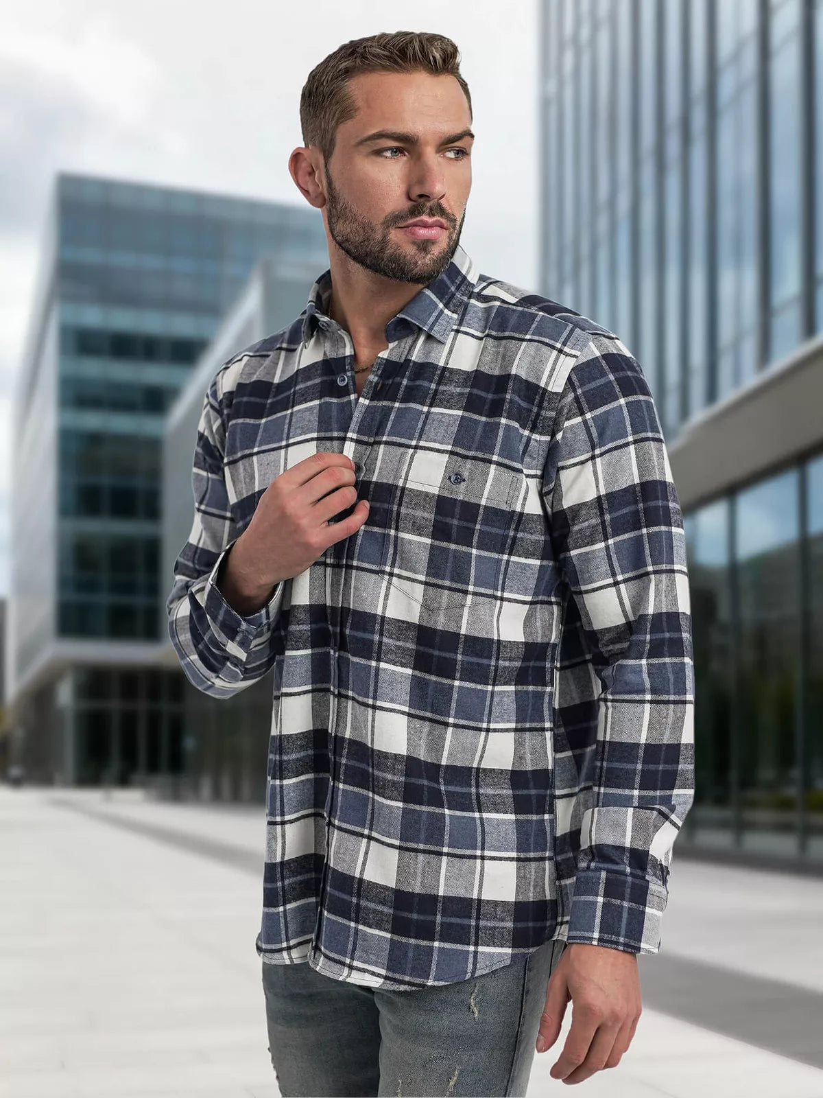 Men's navy blue checked shirt Marino