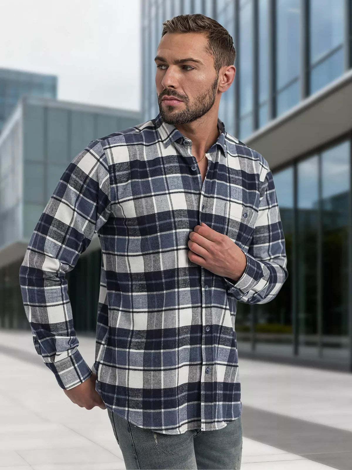 Men's navy blue checked shirt Marino