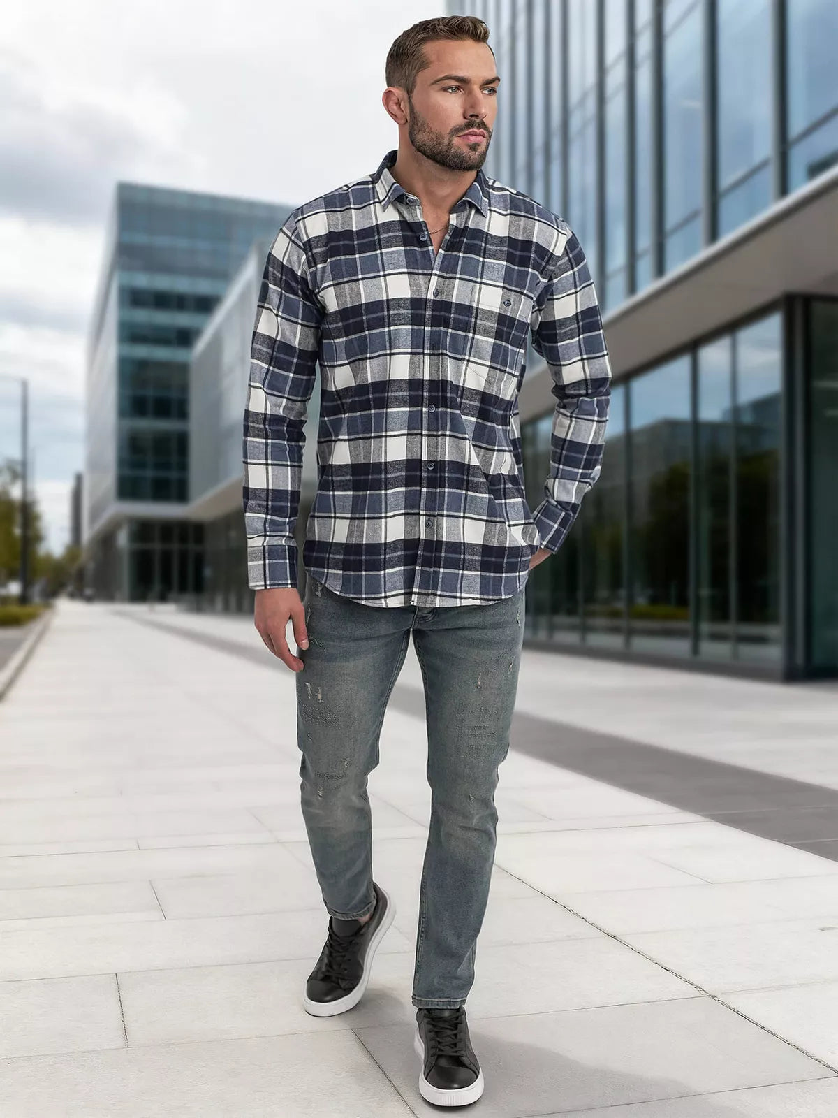 Men's navy blue checked shirt Marino