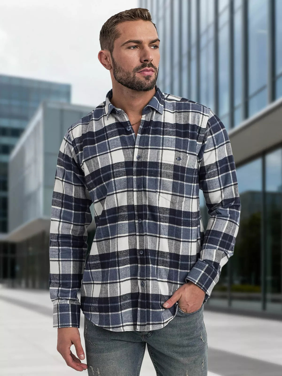 Men's navy blue checked shirt Marino