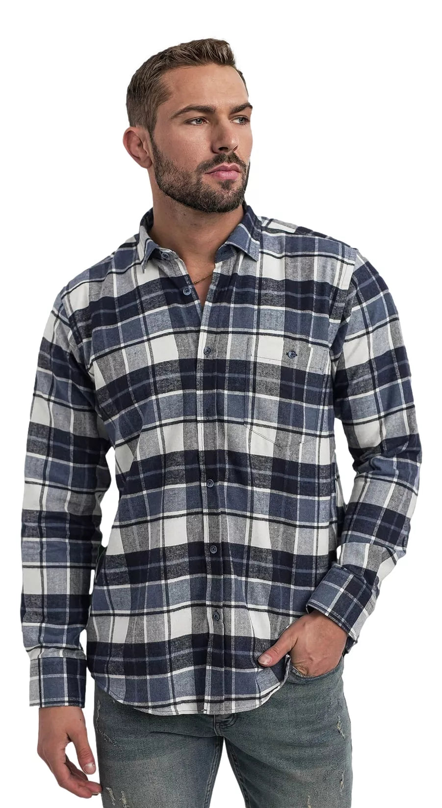 Men's navy blue checked shirt Marino