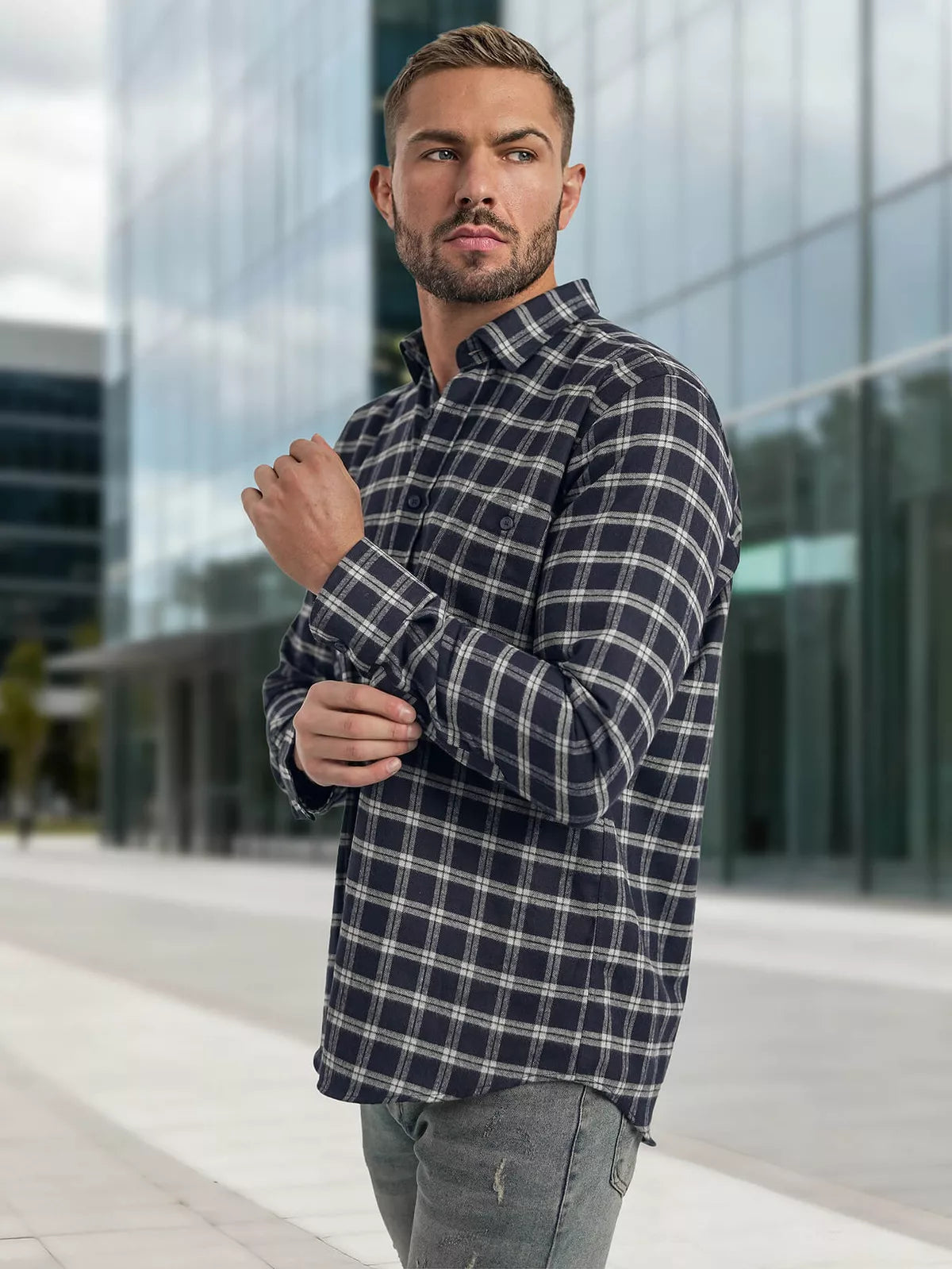 Men's navy blue checked shirt Marino