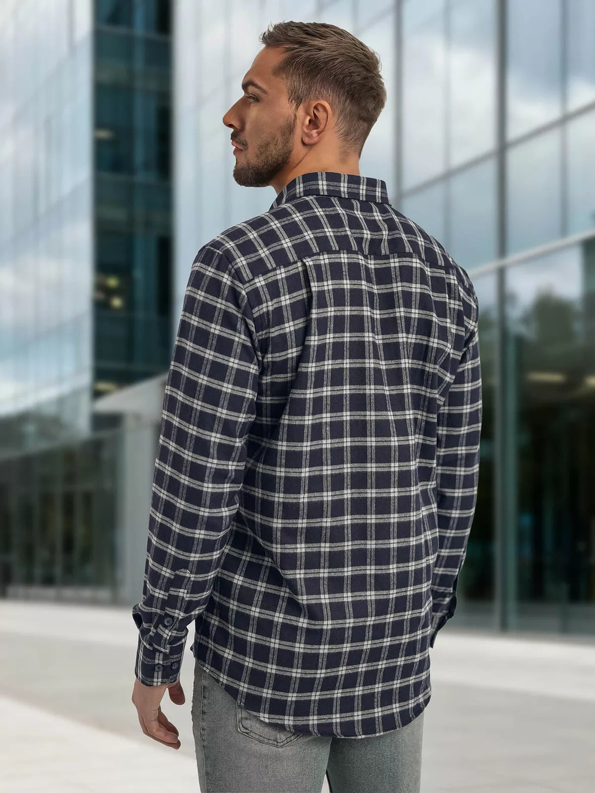 Men's navy blue checked shirt Marino