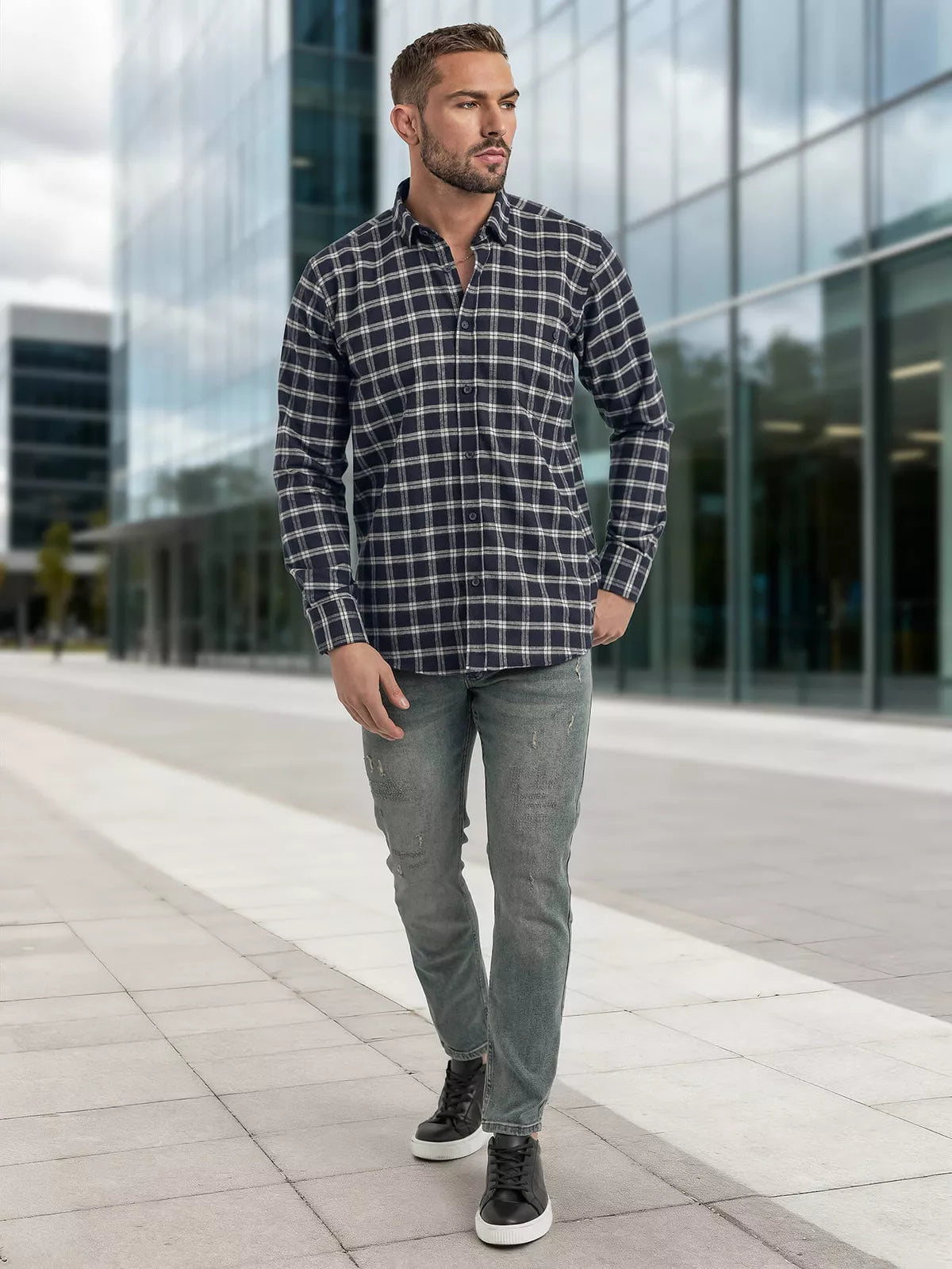 Men's navy blue checked shirt Marino