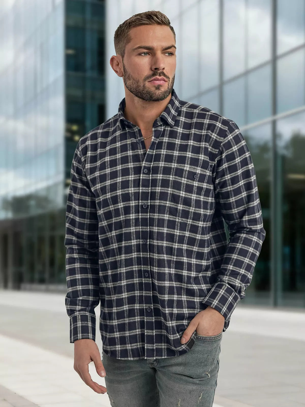 Men's navy blue checked shirt Marino