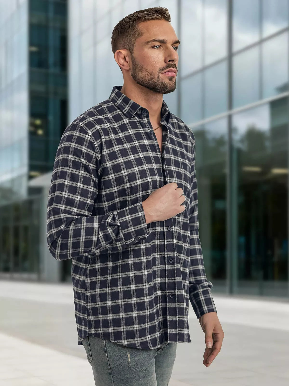 Men's navy blue checked shirt Marino