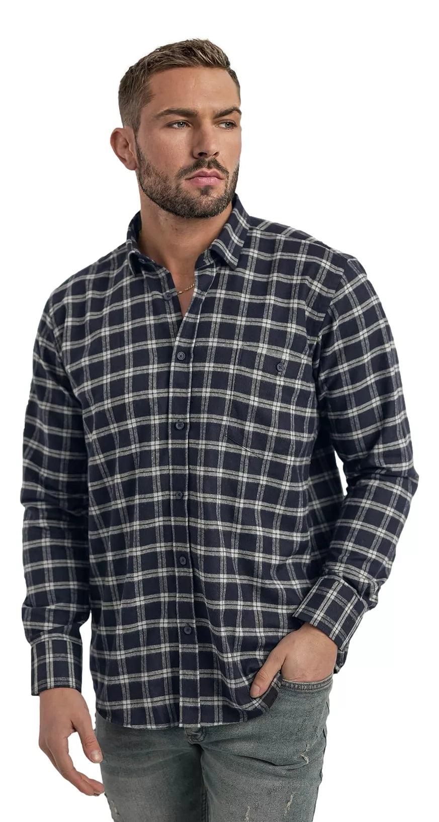 Men's navy blue checked shirt Marino
