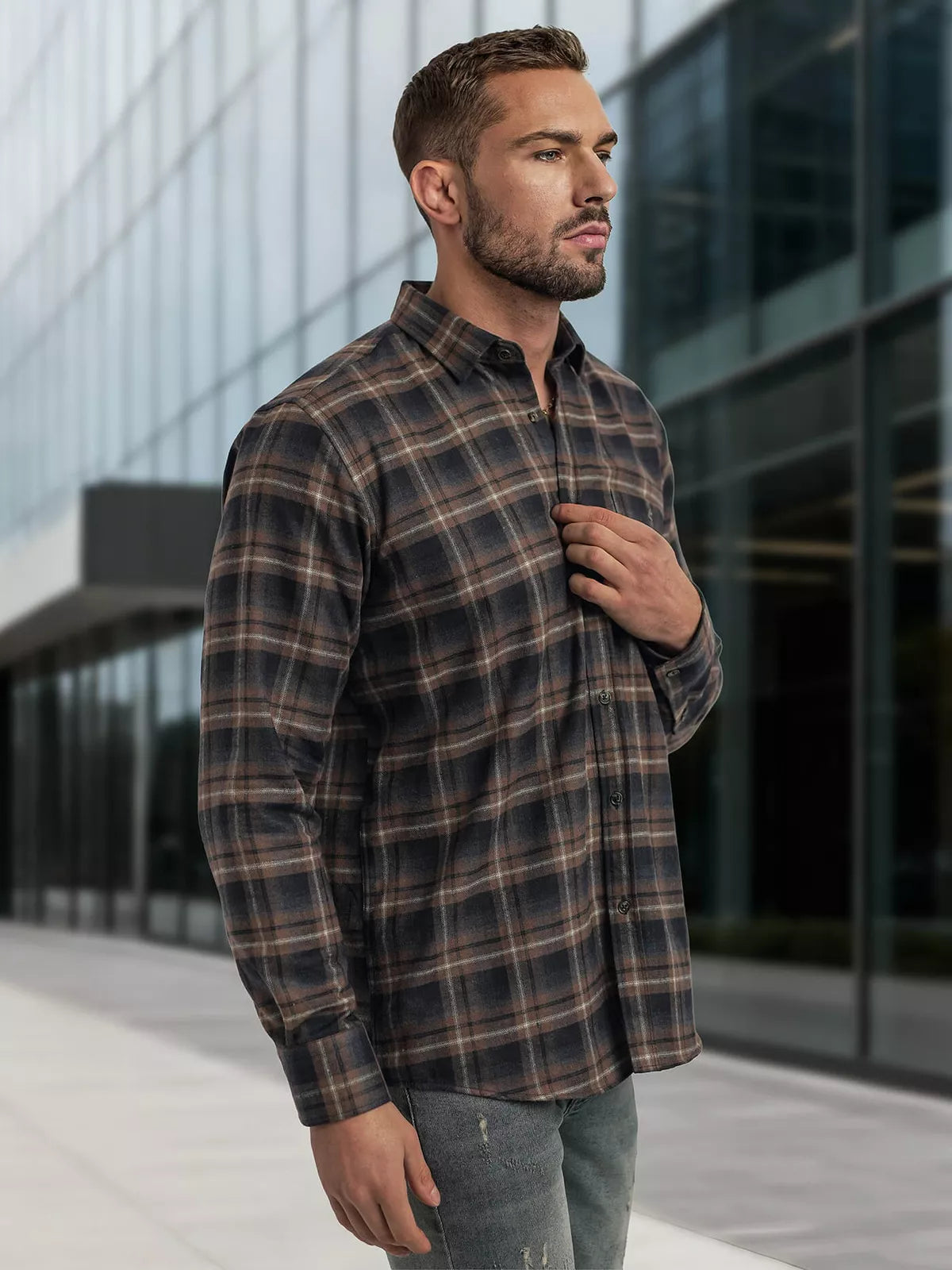 Men's navy blue-brown checked shirt Marino