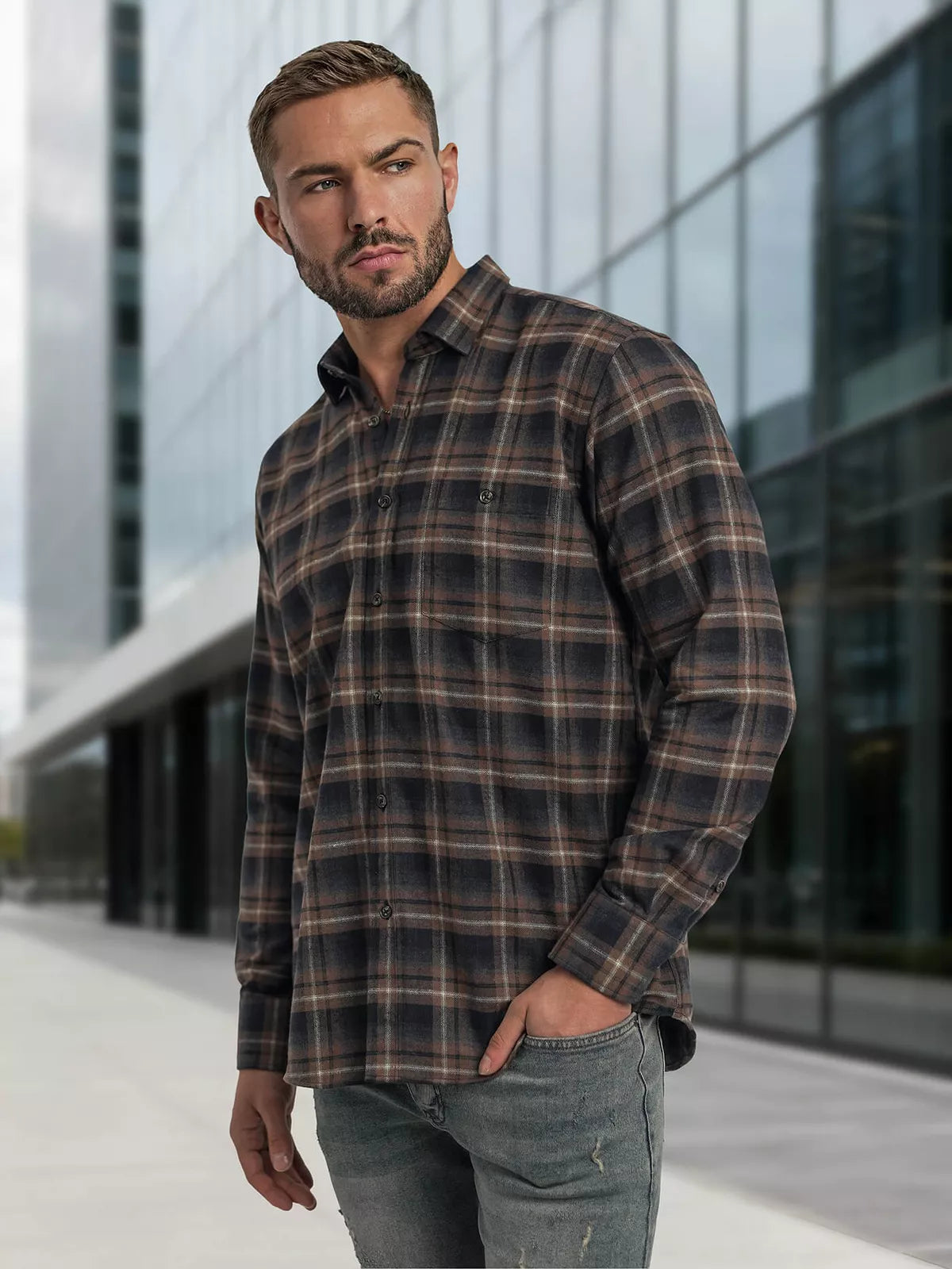 Men's navy blue-brown checked shirt Marino