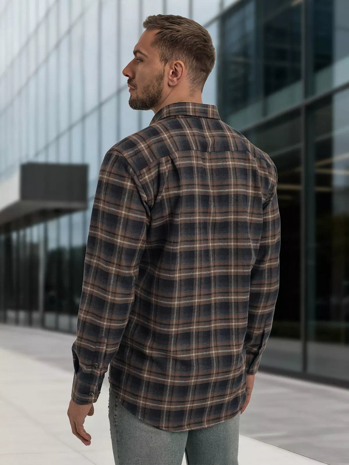 Men's navy blue-brown checked shirt Marino