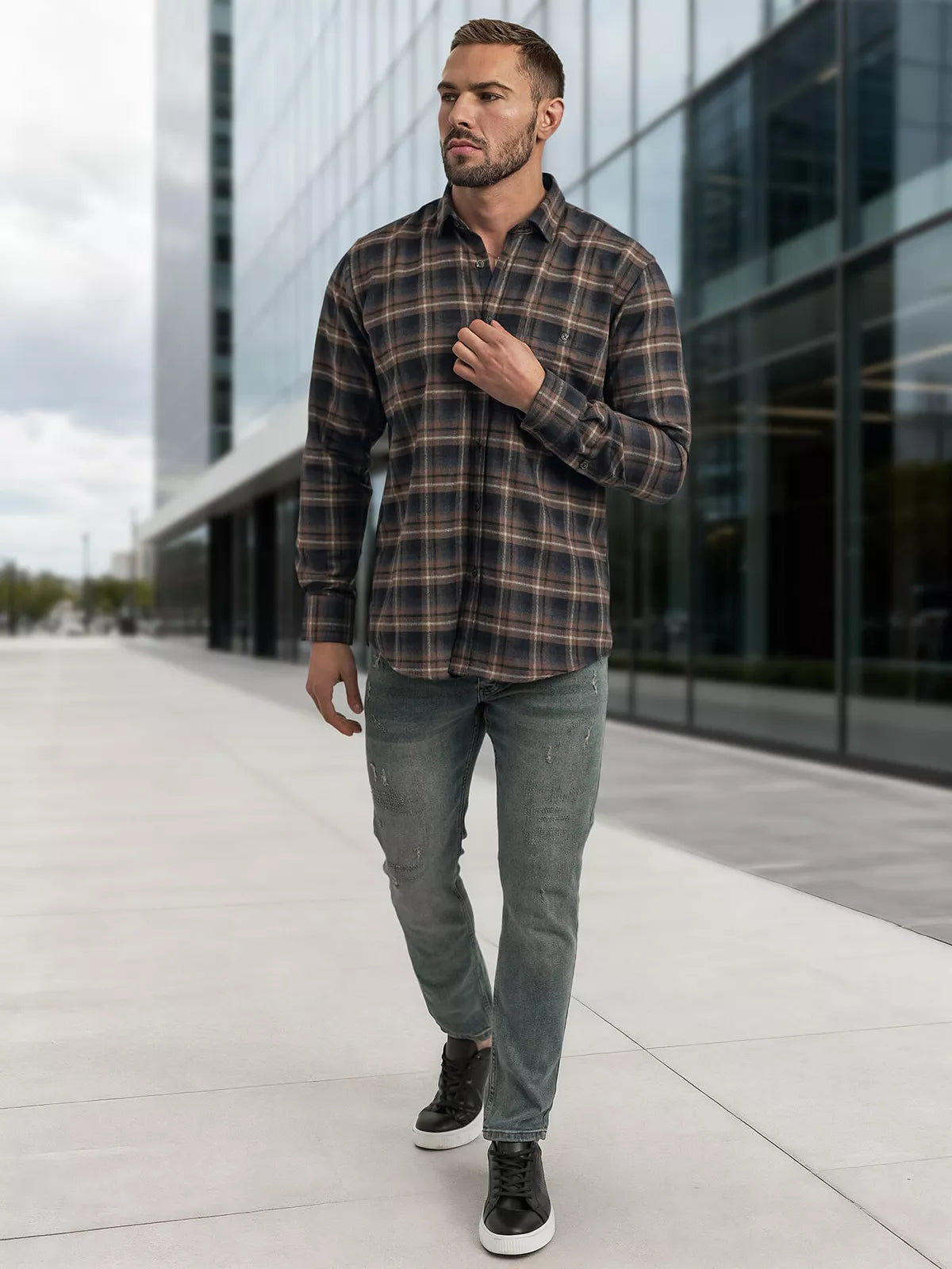 Men's navy blue-brown checked shirt Marino