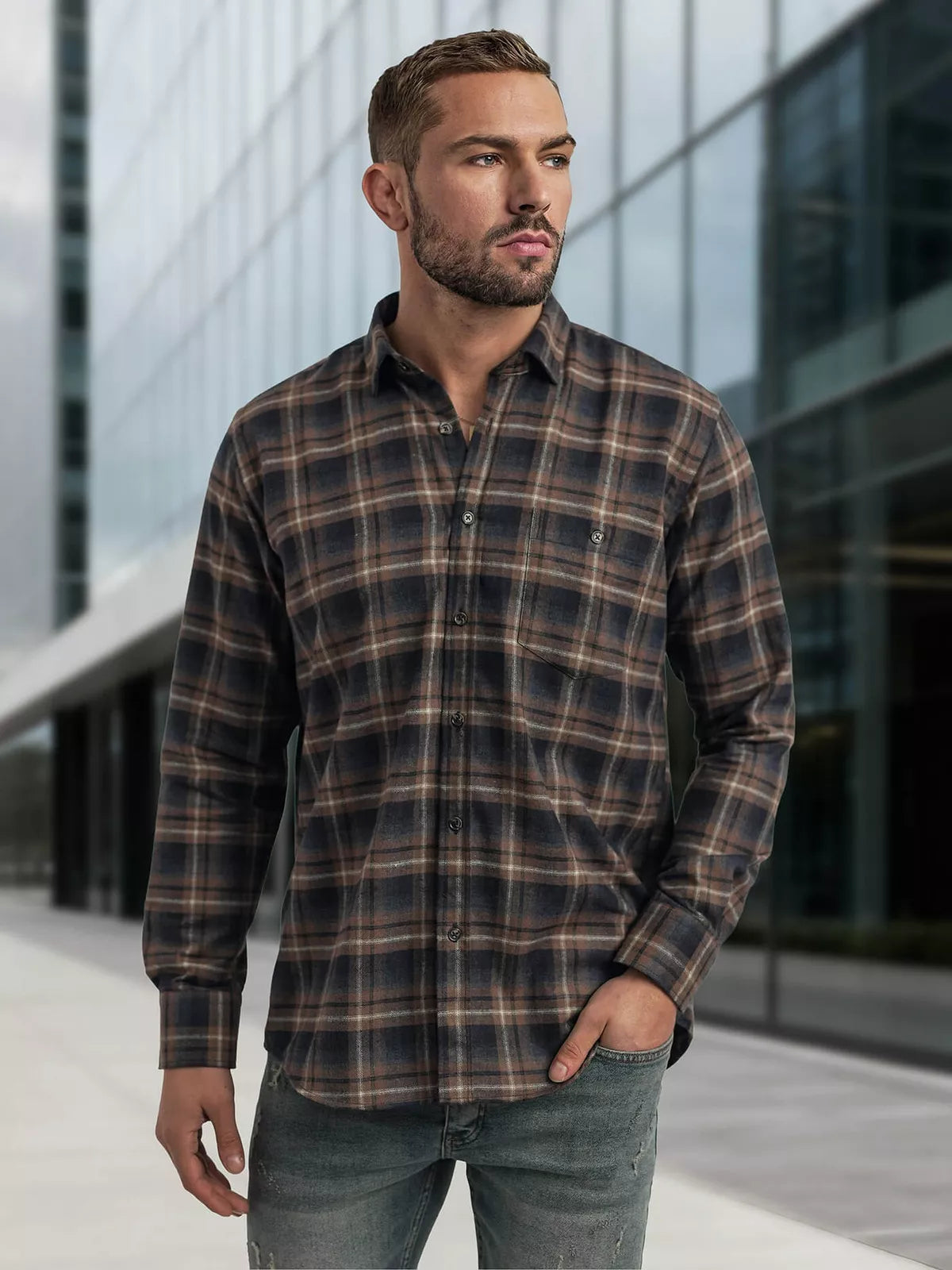 Men's navy blue-brown checked shirt Marino