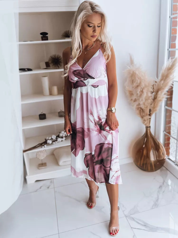 White women's dress with pink flowers "Ladybird" 