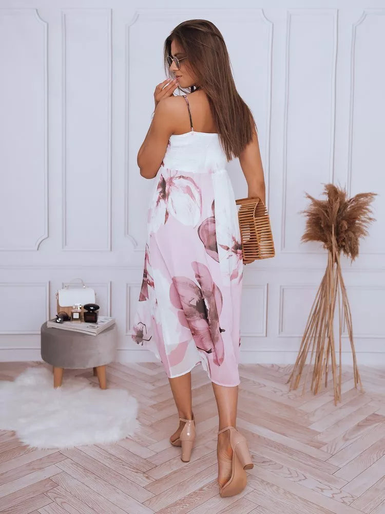 White women's dress with pink flowers "Ladybird" 