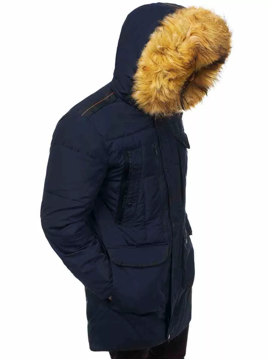 Men's dark blue winter jacket with fur hood Remal