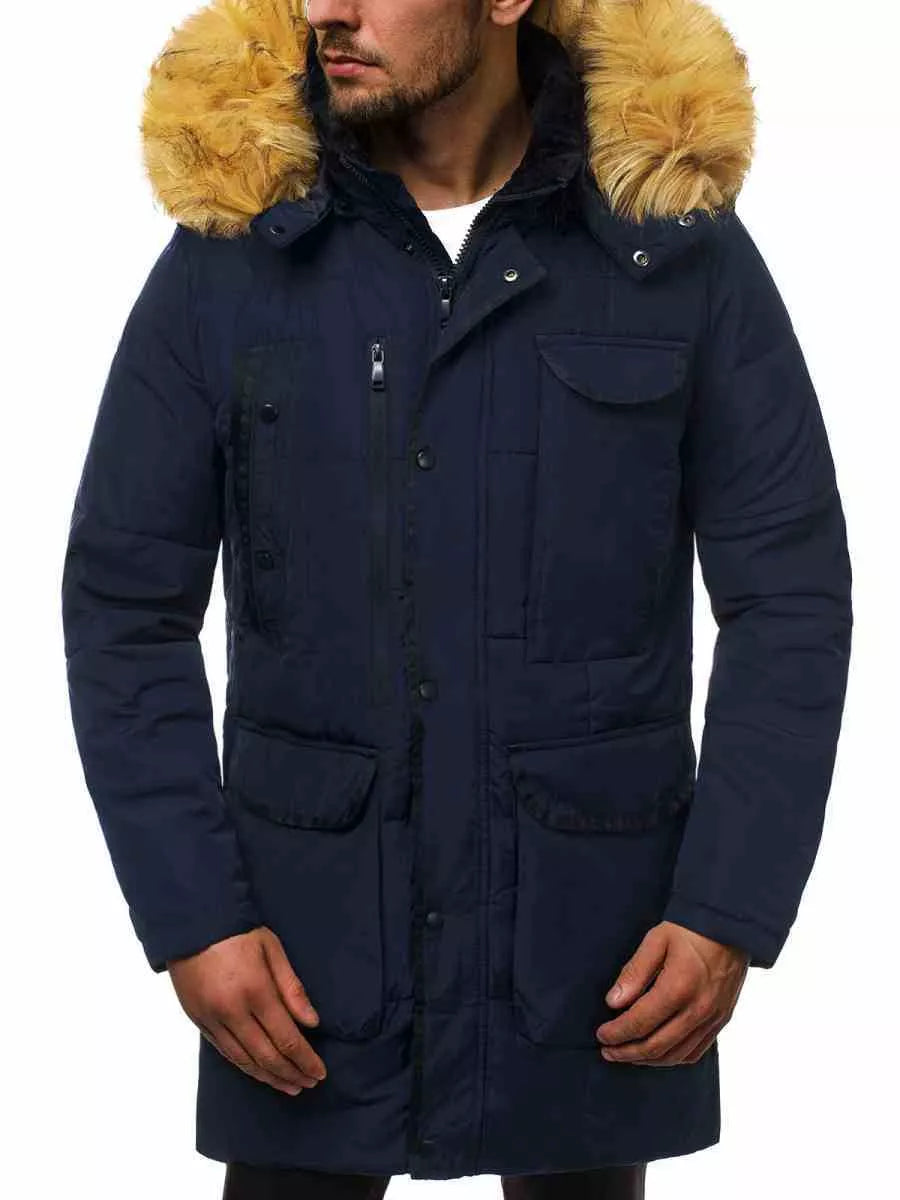Men's dark blue winter jacket with fur hood Remal