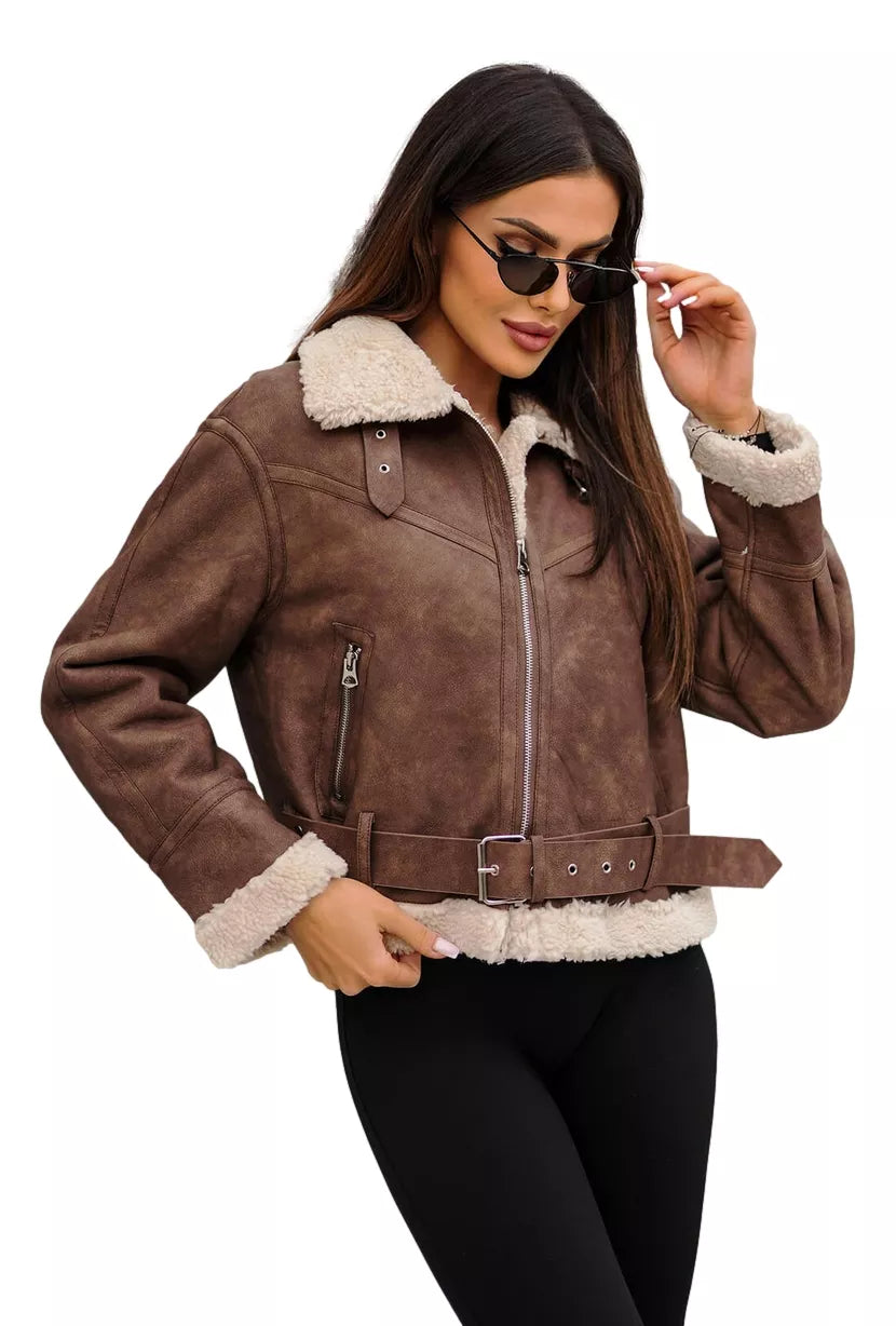 Brown leather jacket with white patch Camila