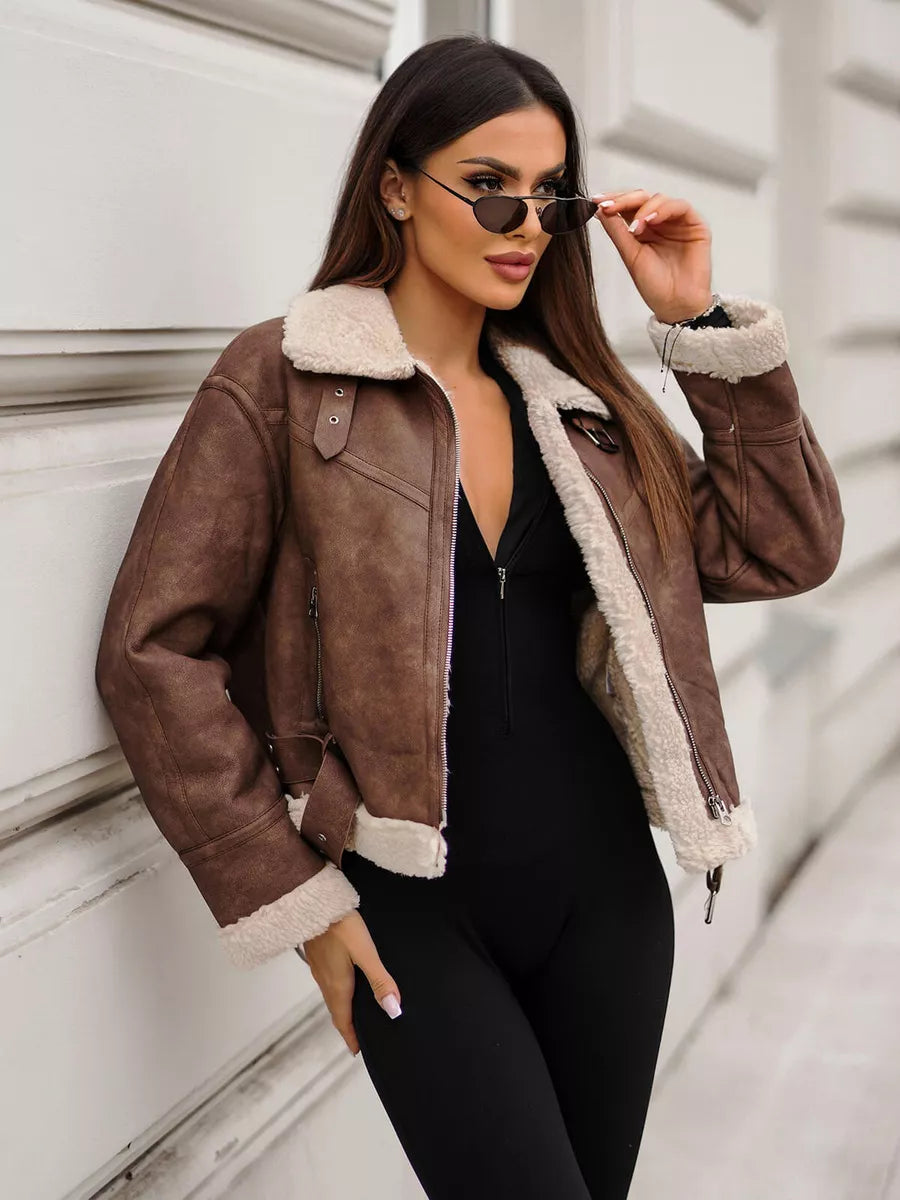 Brown leather jacket with white patch Camila