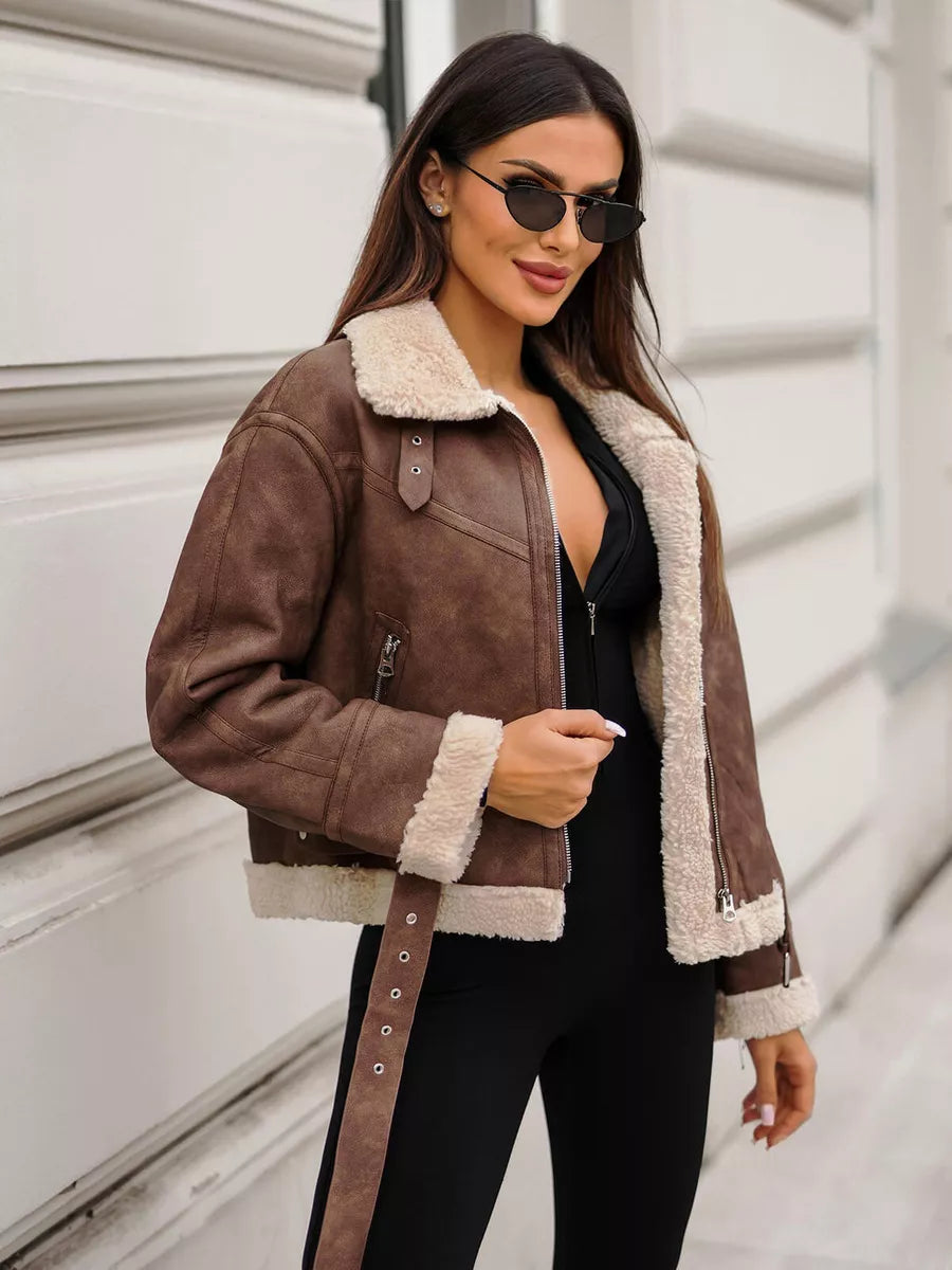 Brown leather jacket with white patch Camila