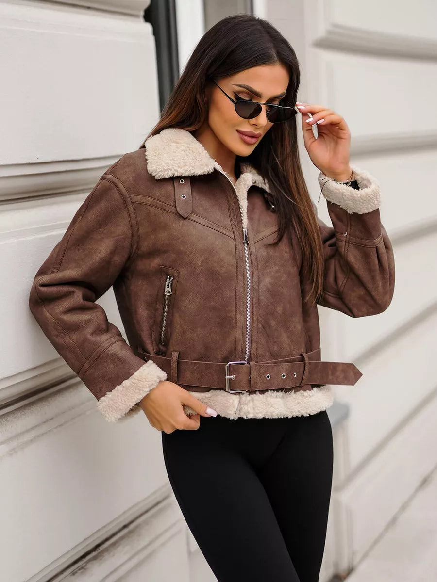 Brown leather jacket with white patch Camila