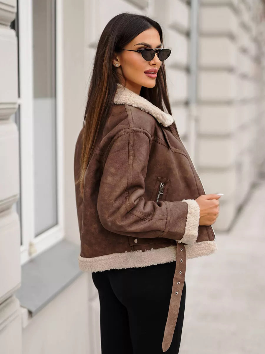 Brown leather jacket with white patch Camila