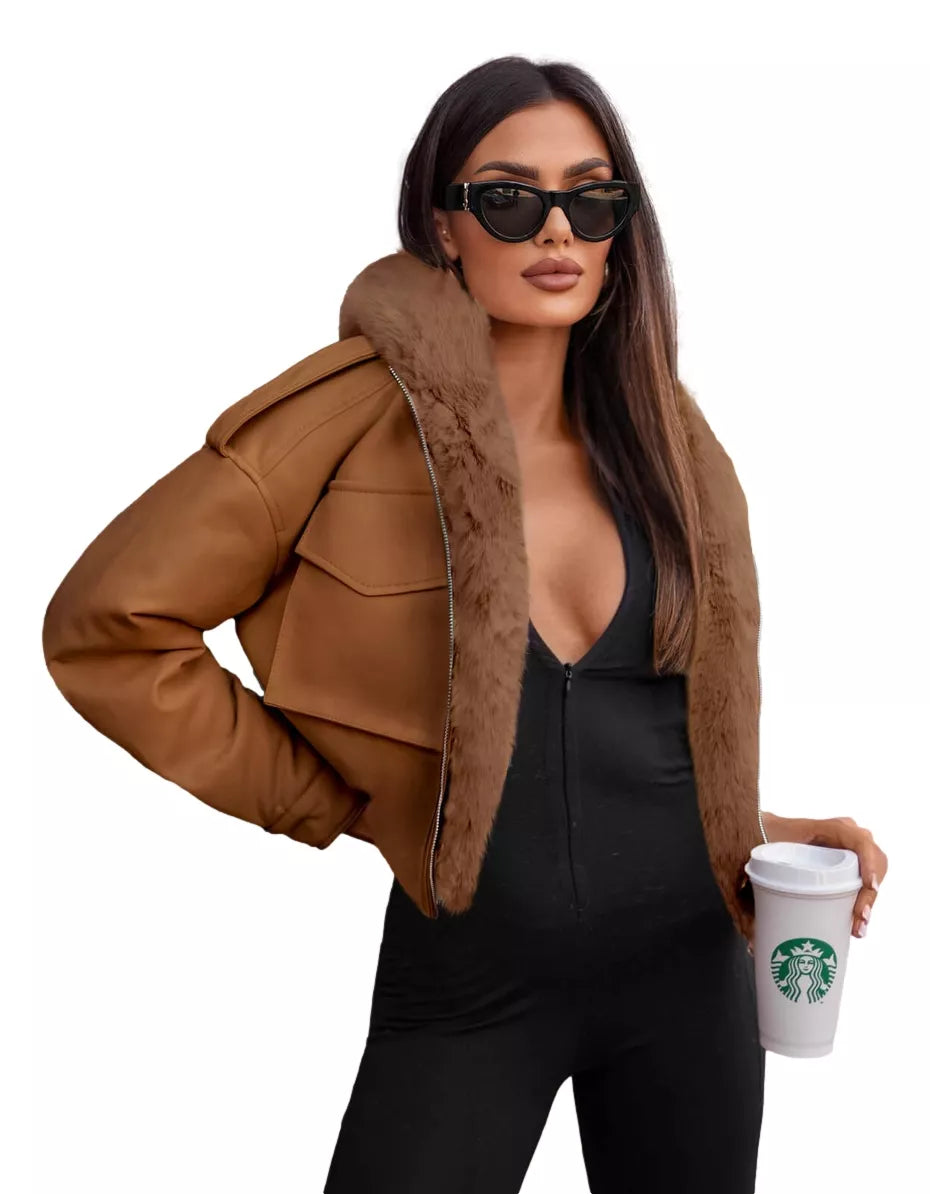 Brown leather jacket with brown collar Auro