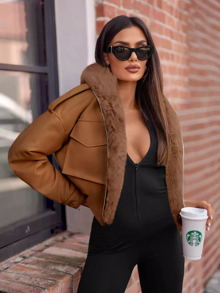 Brown leather jacket with brown collar Auro