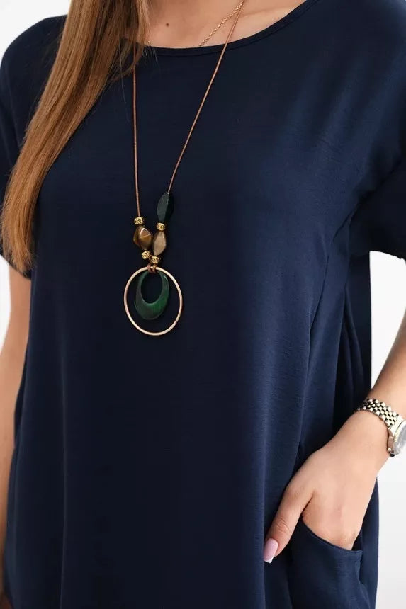 Navy blue dress with pockets and pendant Deli 