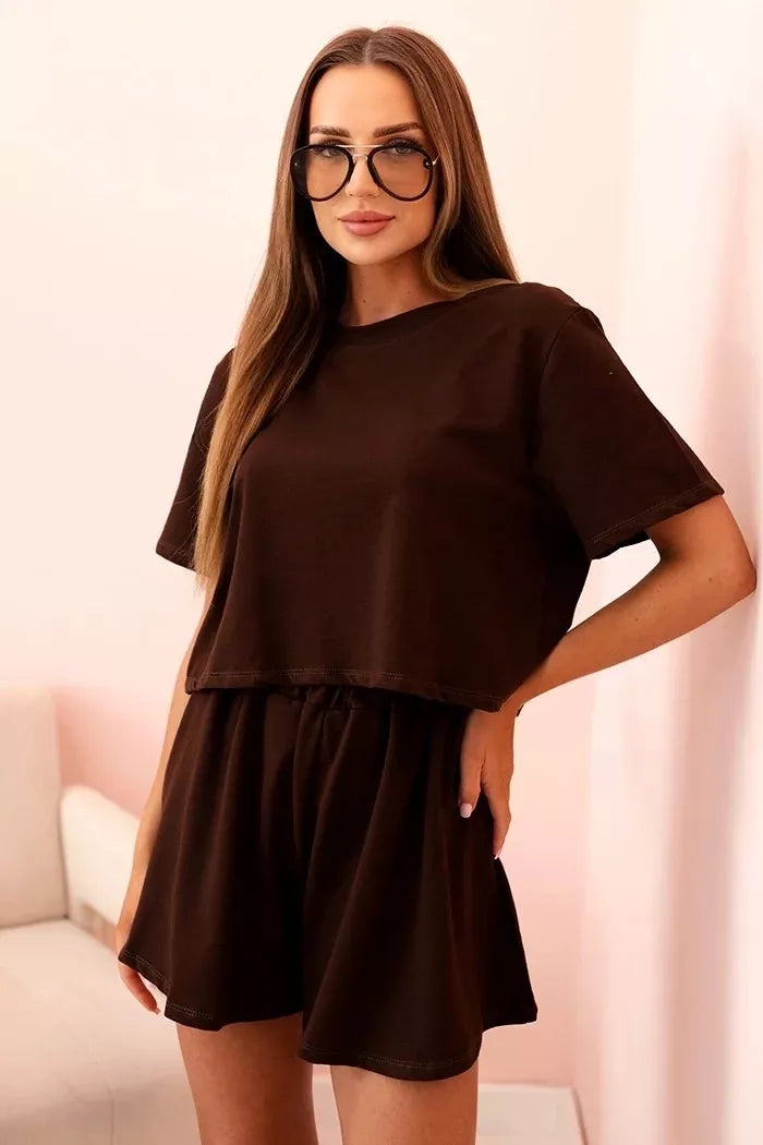 Women's brown cotton set with wide shorts Com