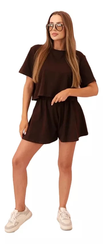 Women's brown cotton set with wide shorts Com