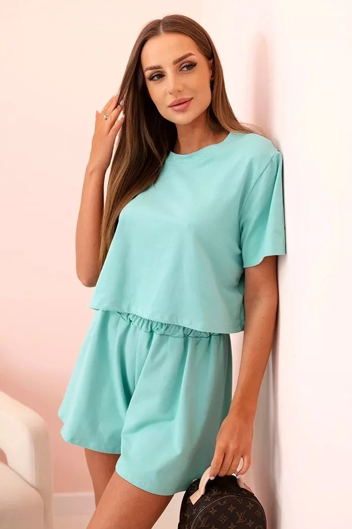 Women's mint-colored cotton set with wide shorts Com