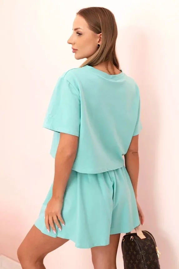 Women's mint-colored cotton set with wide shorts Com