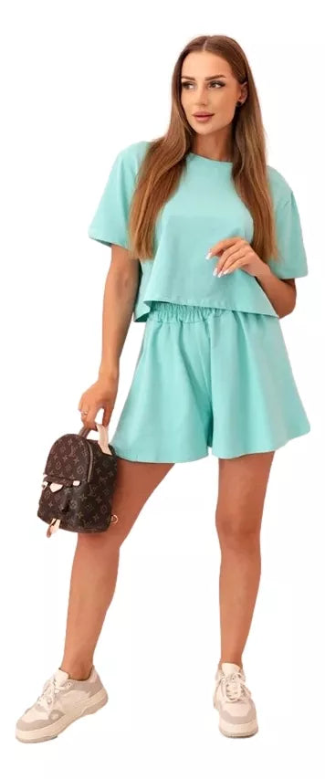 Women's mint-colored cotton set with wide shorts Com
