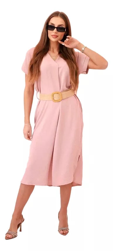 Women's light pink dress with belt Amber 