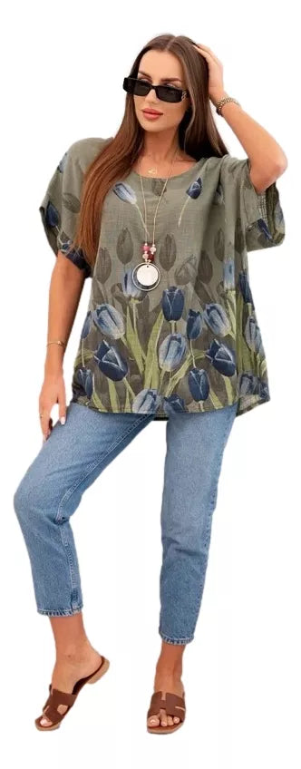 Women's khaki shirt with flowers Limon