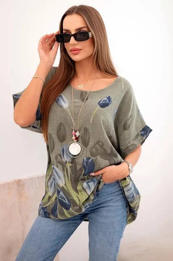 Women's khaki shirt with flowers Limon