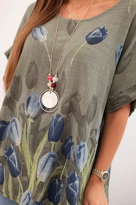 Women's khaki shirt with flowers Limon