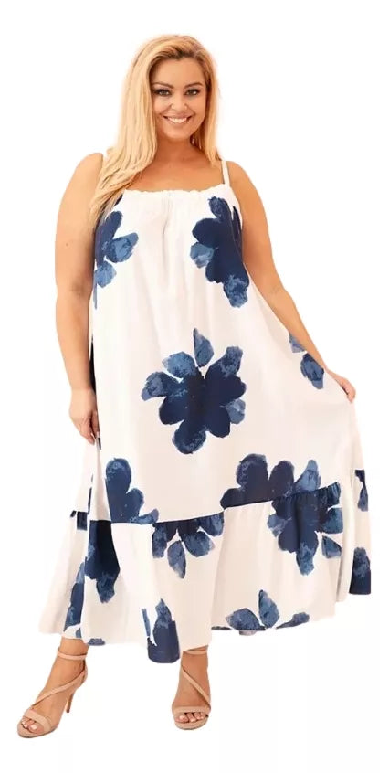 Women's white dress with blue flowers Honey