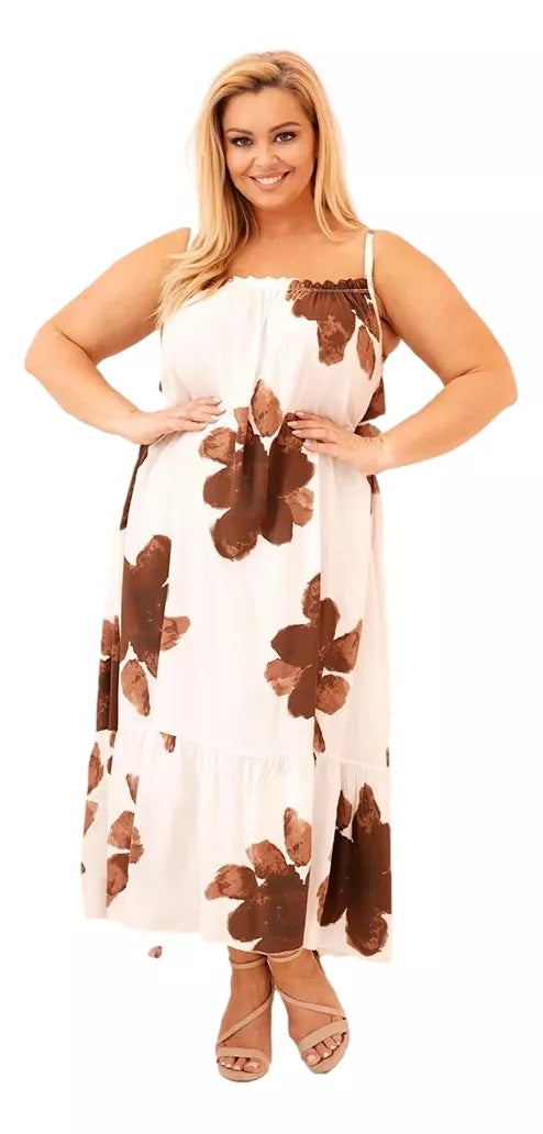 Women's white dress with brown flowers Honey