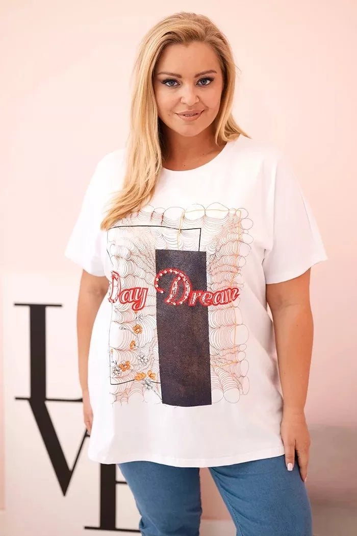 Women's white T-shirt with dark blue detail Day dream