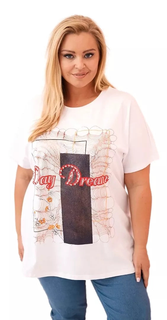 Women's white T-shirt with dark blue detail Day dream