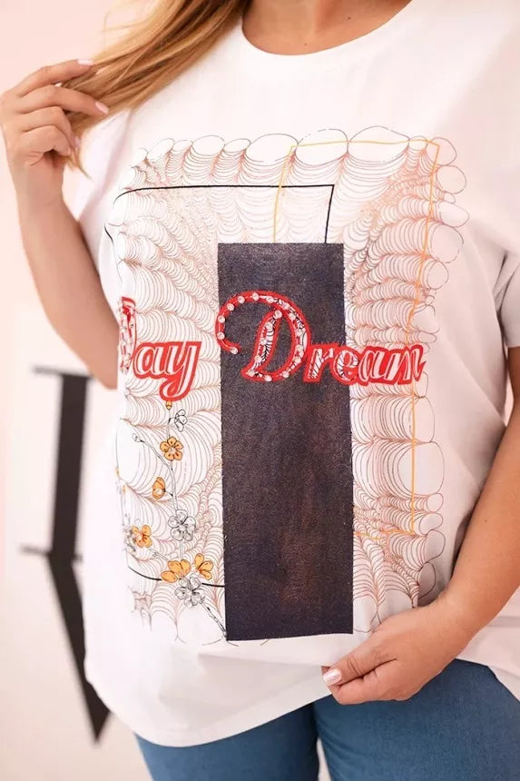 Women's white T-shirt with dark blue detail Day dream